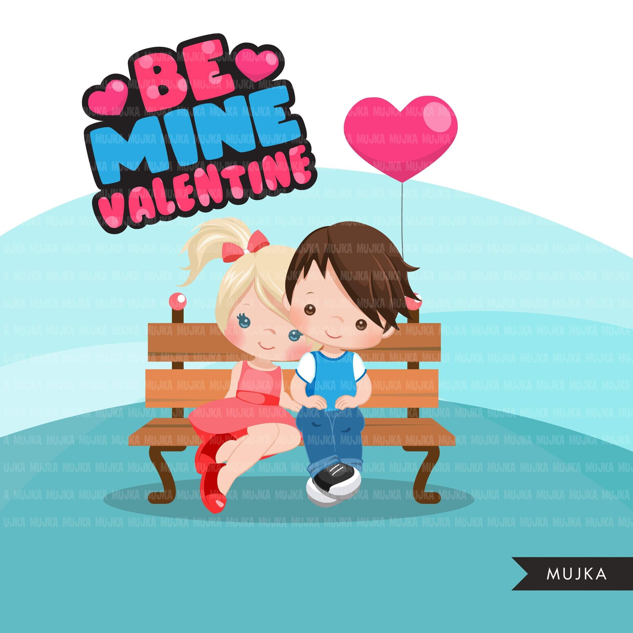 Valentine's Day Clipart, Cute Valentine kids, couples sitting on a bench, be mine valentine graphics, commercial use clip art