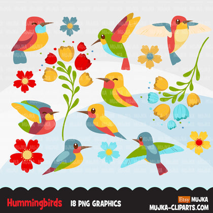 Hummingbird Clipart, colorful spring birds, valentine's day, easter graphics, flowers  commercial use digital PNG clip art