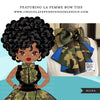 Black woman clipart avatar, Ankara camouflage print bow tie, pants and skirt, fashion graphics afro girl clip art PNG