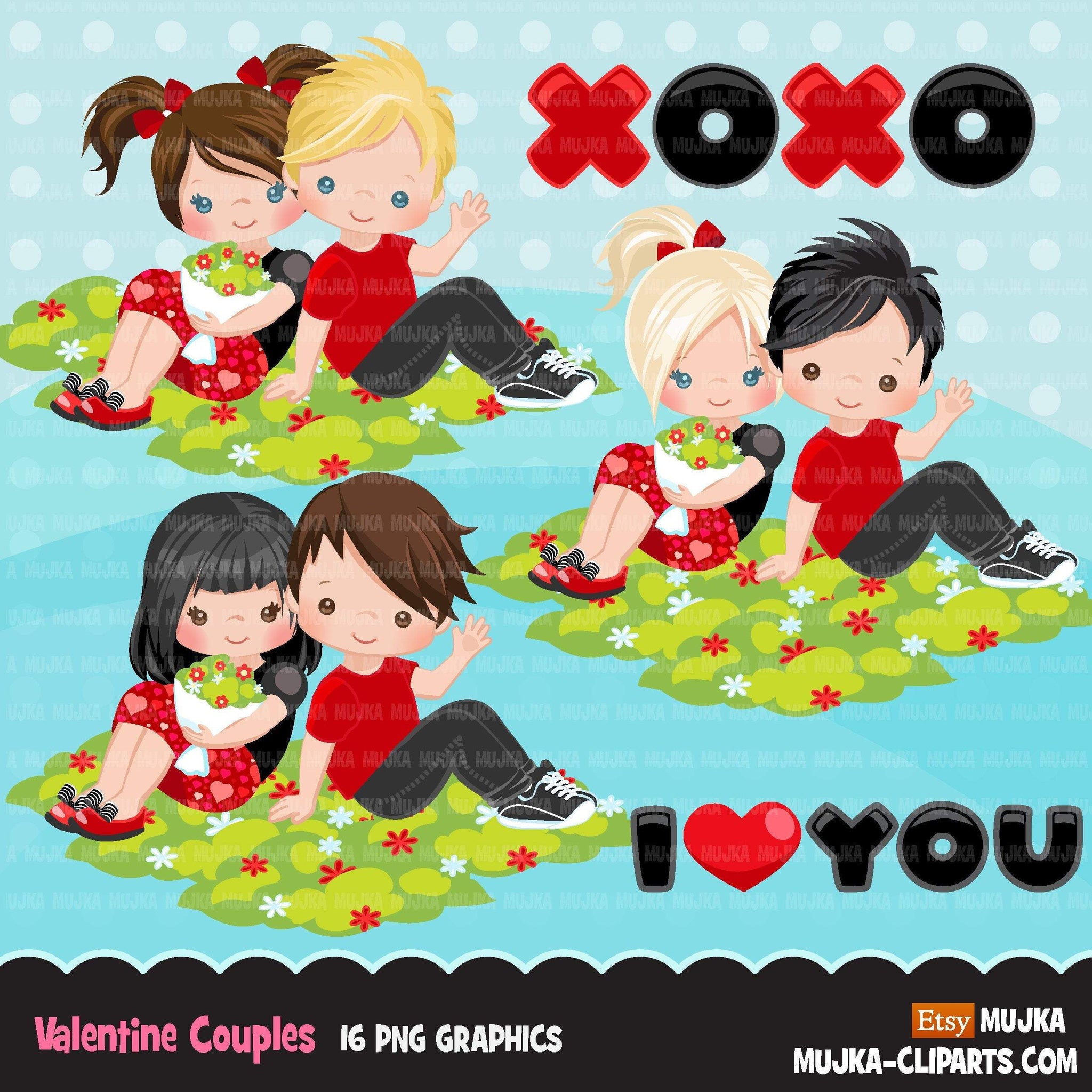 Valentine's Day Clipart, Cute Valentine kids, couples sitting, XOXO valentine graphics, commercial use clip art