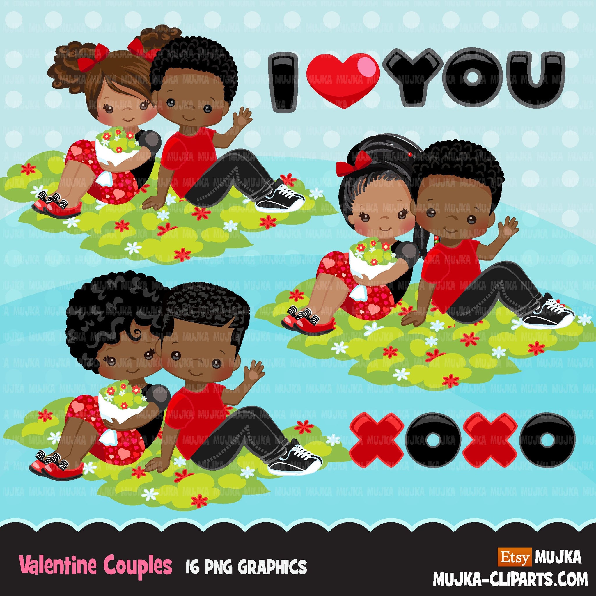 Valentine's Day Clipart, Cute Valentine black kids, couples sitting, XOXO valentine graphics, commercial use clip art