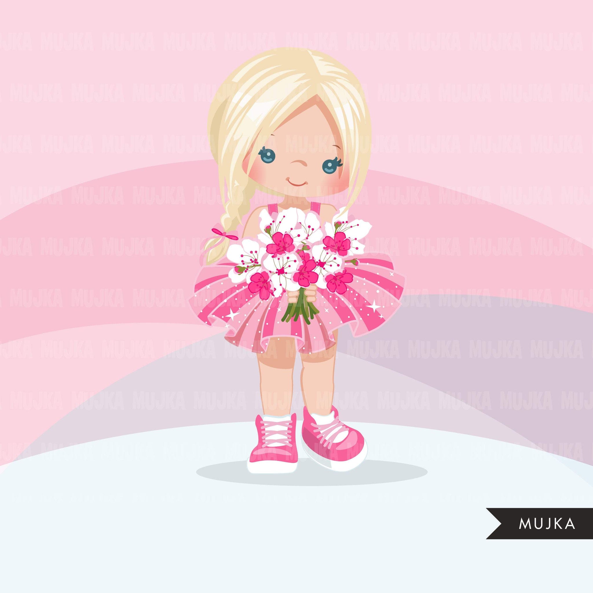 Valentine's Day flower girl clipart, pink tutu braid girls with a flower bouquet graphics, commercial use valentine clip art