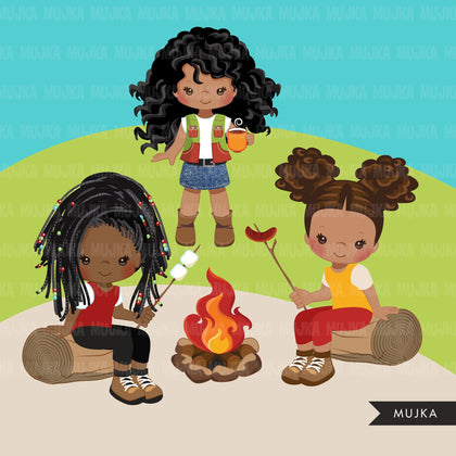 Black Girl Scouts camping clipart, campground, campfire, tent, outdoor graphics, commercial use Png clip art