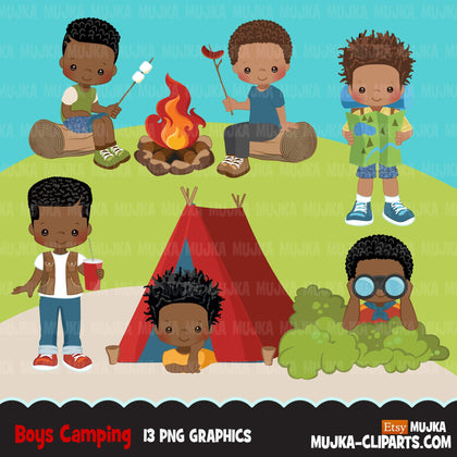 Black Boy Scouts camping clipart, campground, campfire, tent, outdoor graphics, commercial use Png clip art