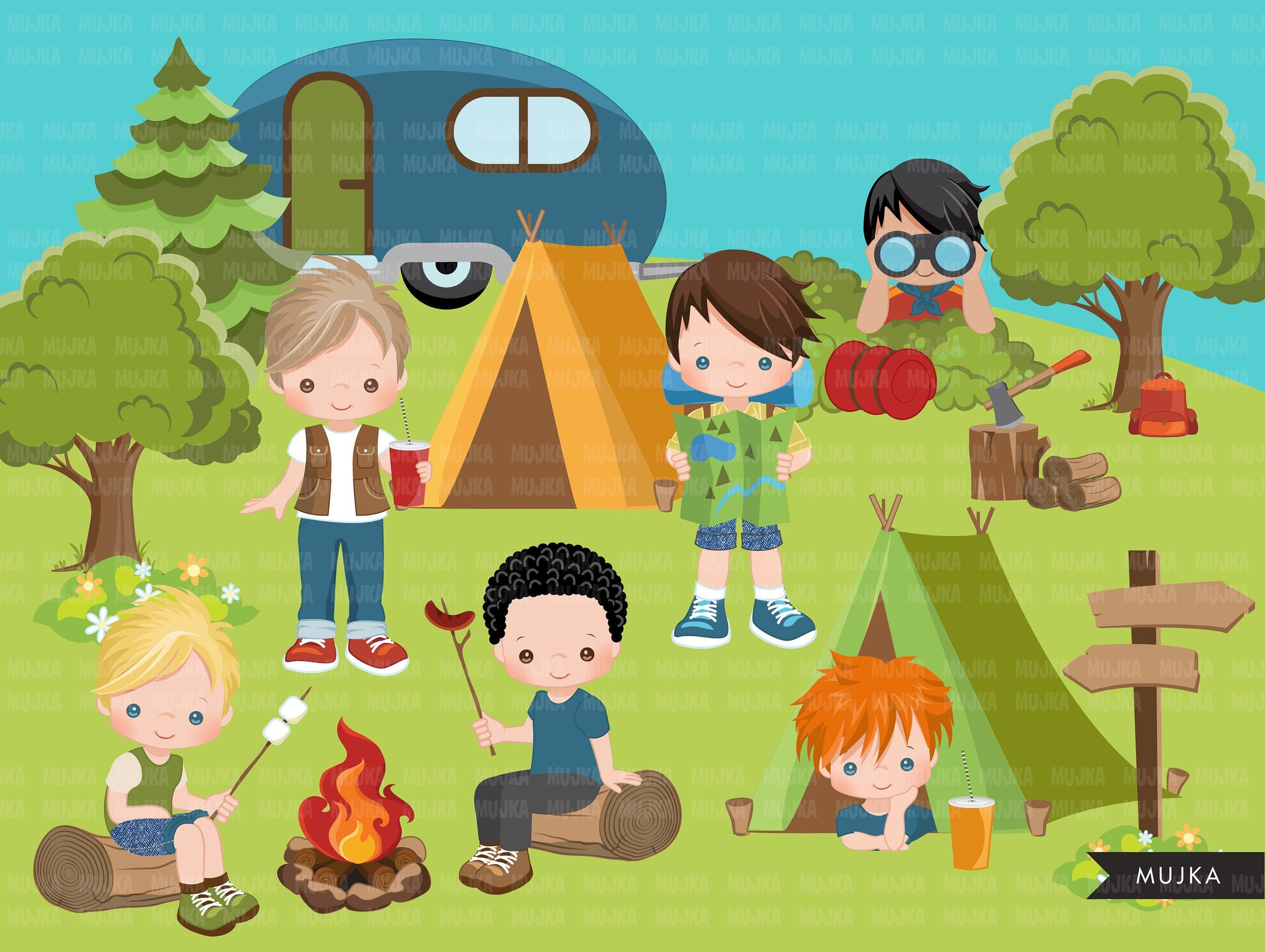 Scouts camping clipart, campground, campfire, tent, camper van, forest background, trees, outdoor graphics, commercial use Png clip art