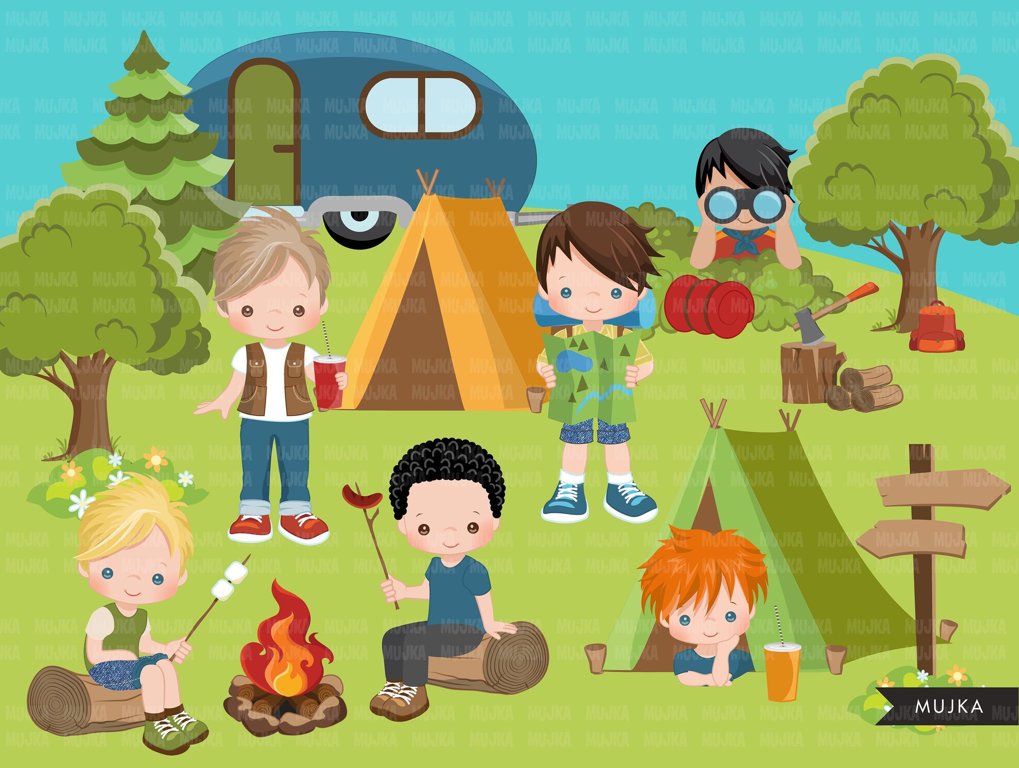 cliparts camping Scouts camping clipart, campground, campfire, tent, camper van, forest – MUJKA CLIPARTS