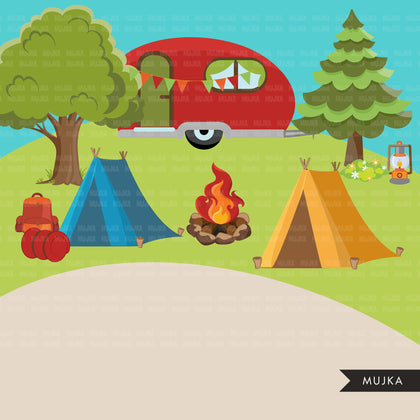 Scouts camping clipart, campground, campfire, tent, camper van, forest background, trees, outdoor graphics, commercial use Png clip art