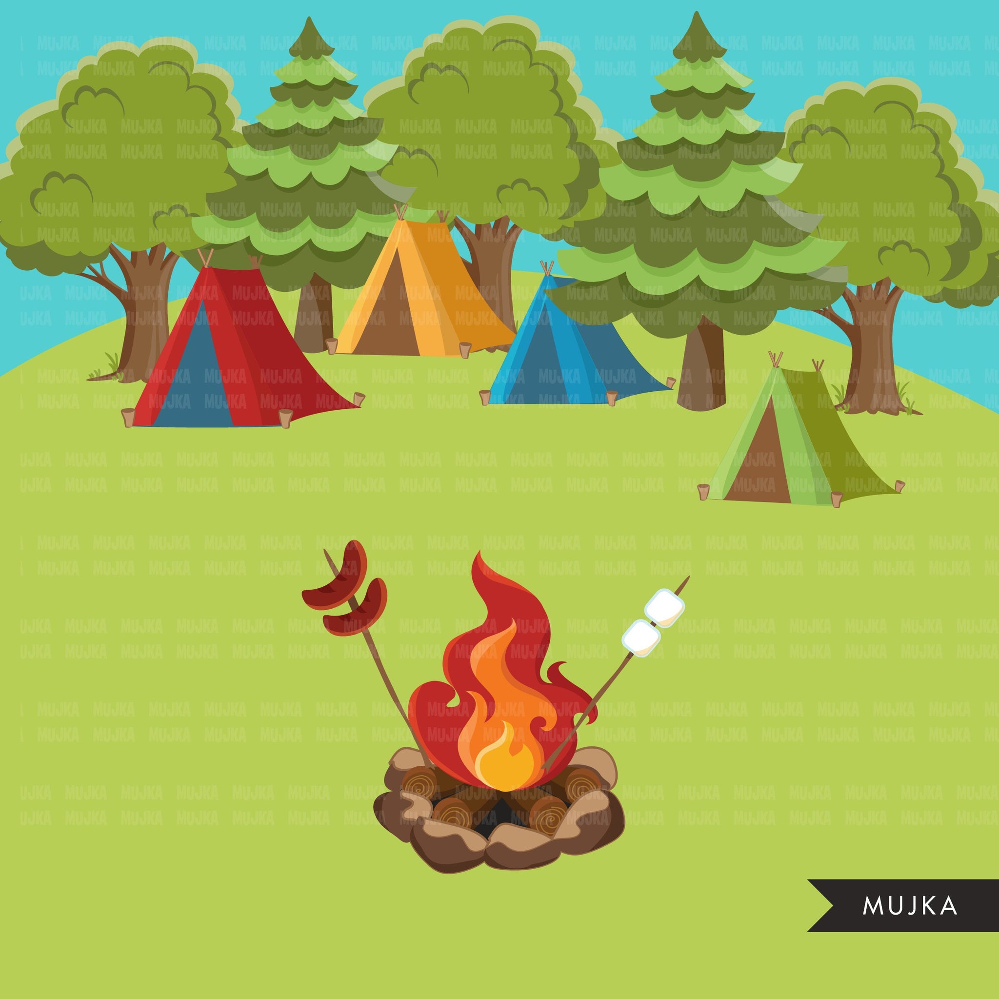 camping clipart Scouts camping clipart, campground, campfire, tent, camper van, forest – MUJKA CLIPARTS