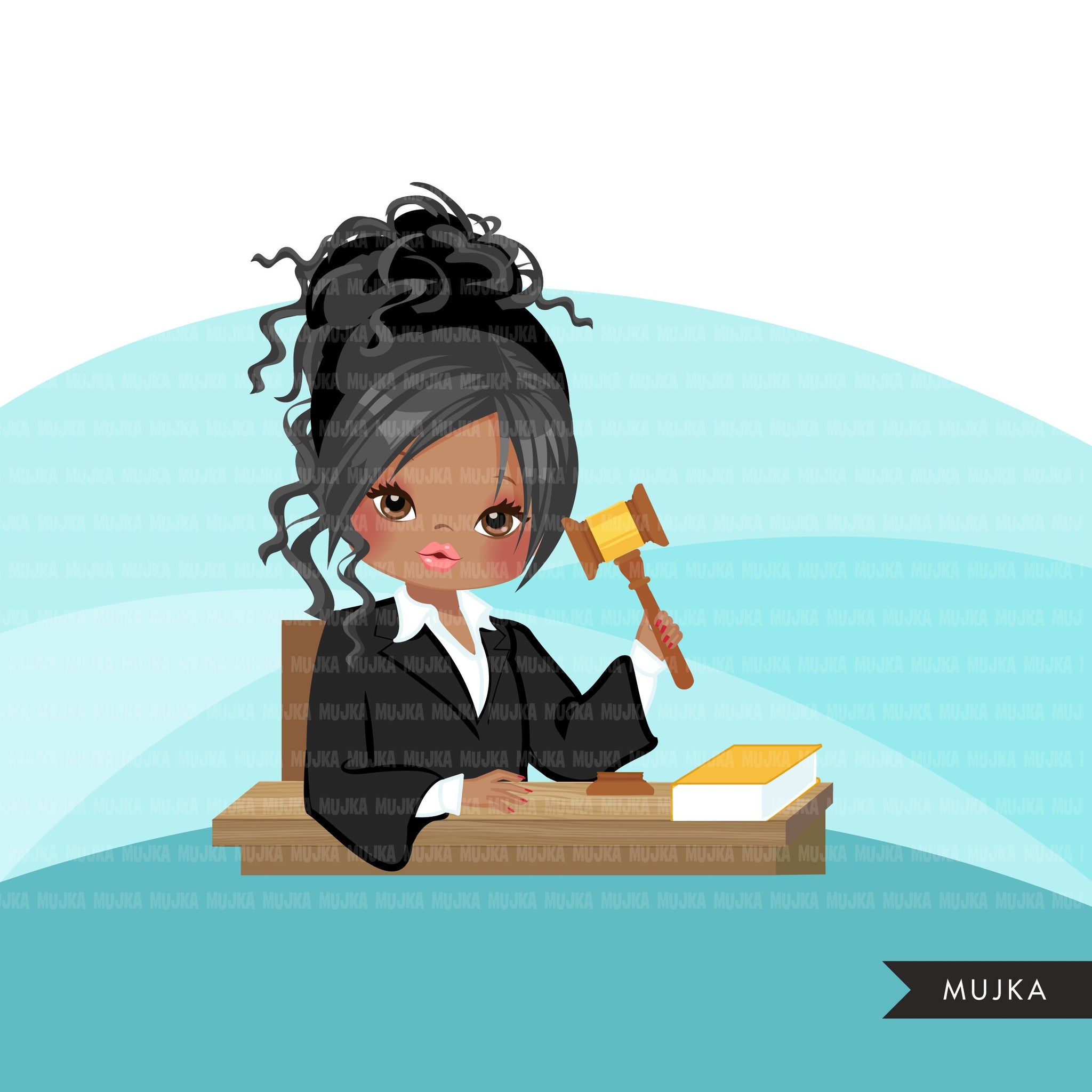 Mujer juez avatar clipart con mazo y libro de derecho, impresión y corte, clip art de la chica de la justicia, tribunal de justicia