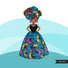 Black woman clipart avatar, Ankara flower print skirt, head wrap fashion graphics sorority afro girl clip art PNG