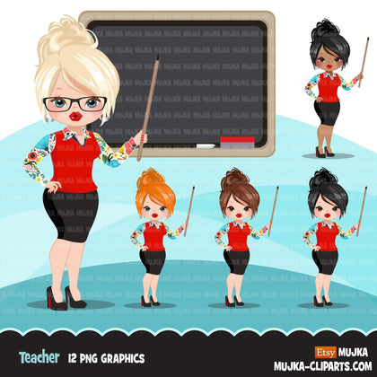 Teacher avatar clipart with blackboard, print and cut, education graphics, girl clip art, school teaching