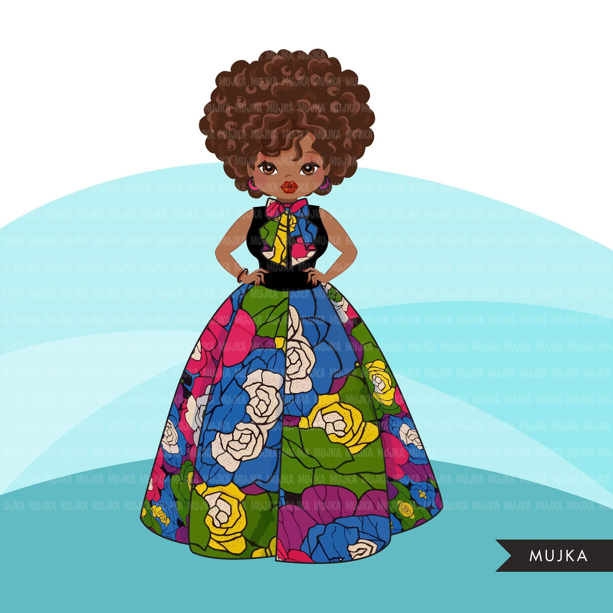 Black woman clipart avatar, Ankara flower print skirt, and bowtie fashion graphics sorority afro girl clip art PNG