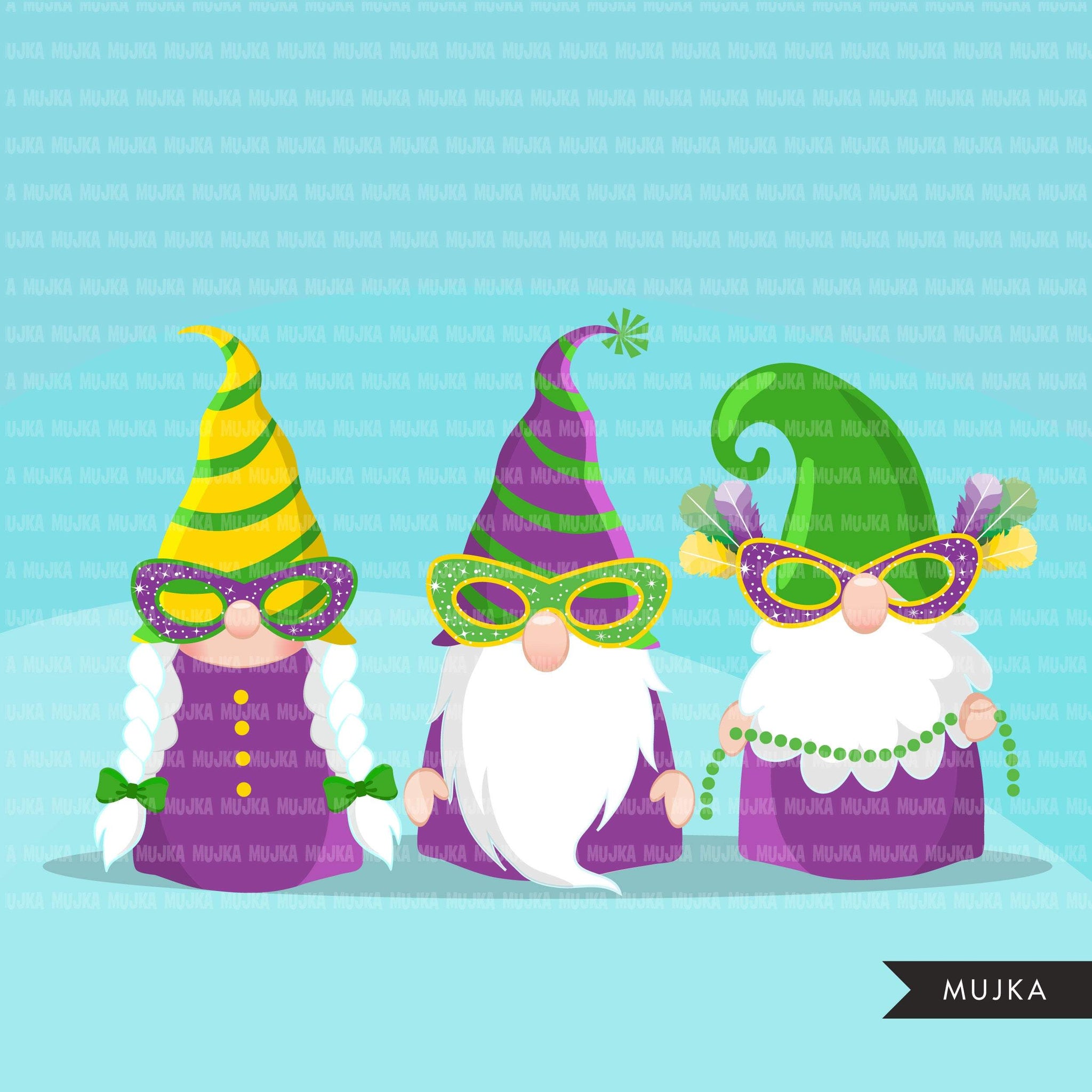 Mardi gras gnomes clipart, carnival clip art, masquerade party, New Orleans, masks, beads