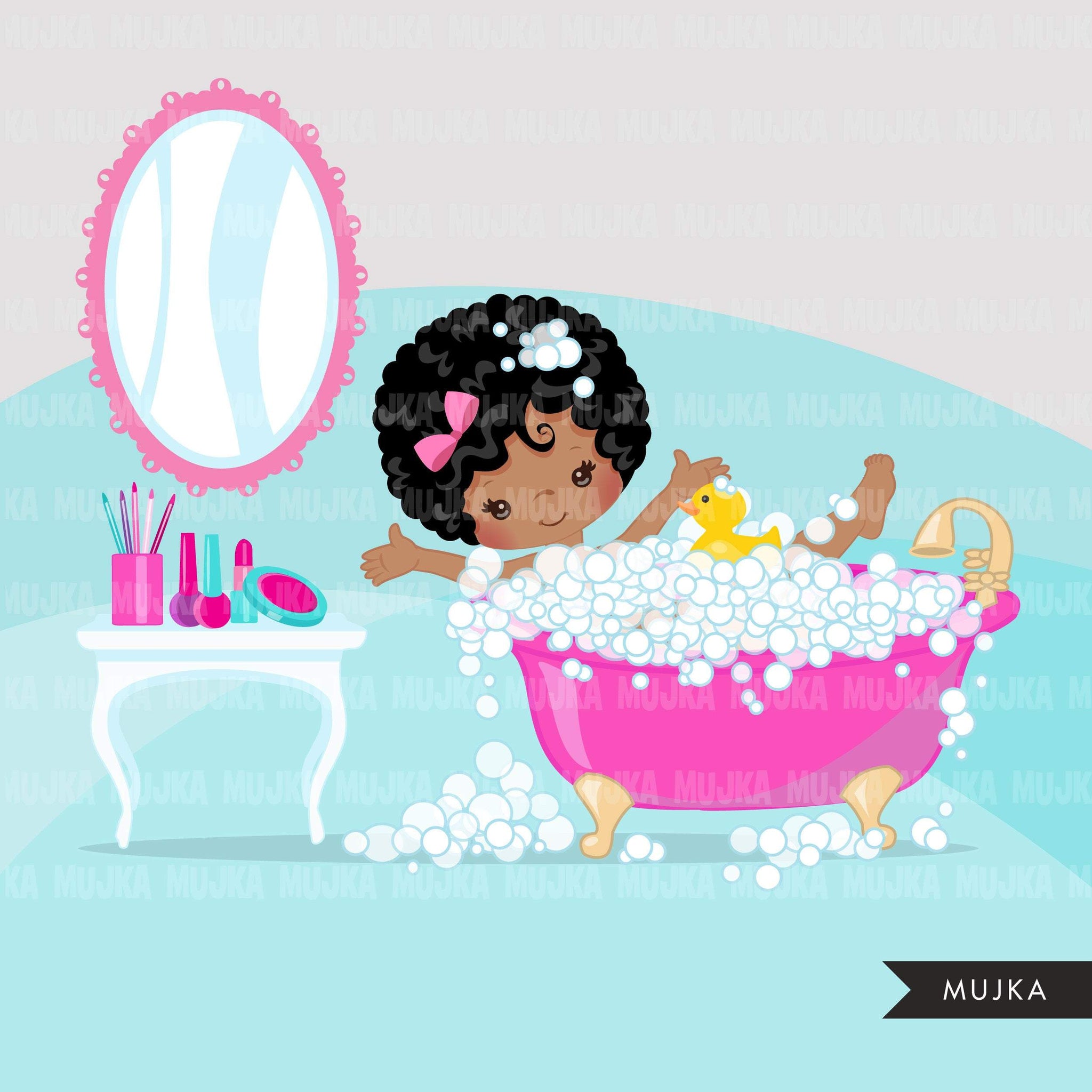 Imágenes prediseñadas de spa, elementos de spa fiesta gráficos de chicas negras, baño de burbujas, bañera, esmalte de uñas, cumpleaños de spa, gráficos, imágenes prediseñadas de uso comercial
