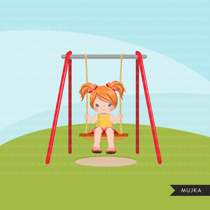 Playground Clipart, girl swinging, spring, outdoors park swing graphics, commercial use Png clip art