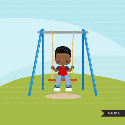 Playground Clipart, black boy swinging, spring, outdoors park swing graphics, commercial use Png clip art