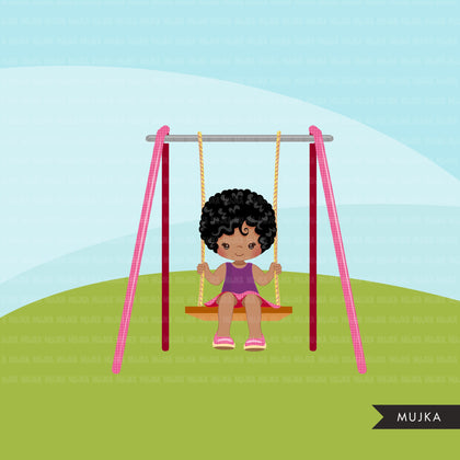 Playground Clipart, black girl swinging, spring, outdoors park swing graphics, commercial use Png clip art