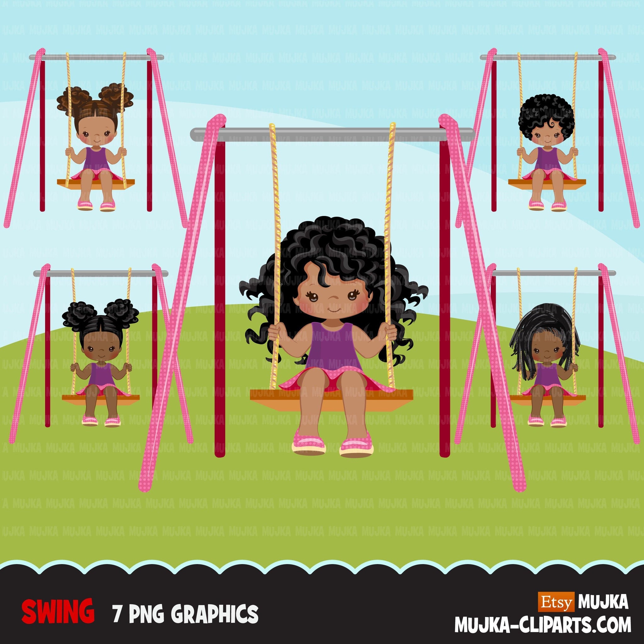 Playground Clipart, black girl swinging, spring, outdoors park swing graphics, commercial use Png clip art