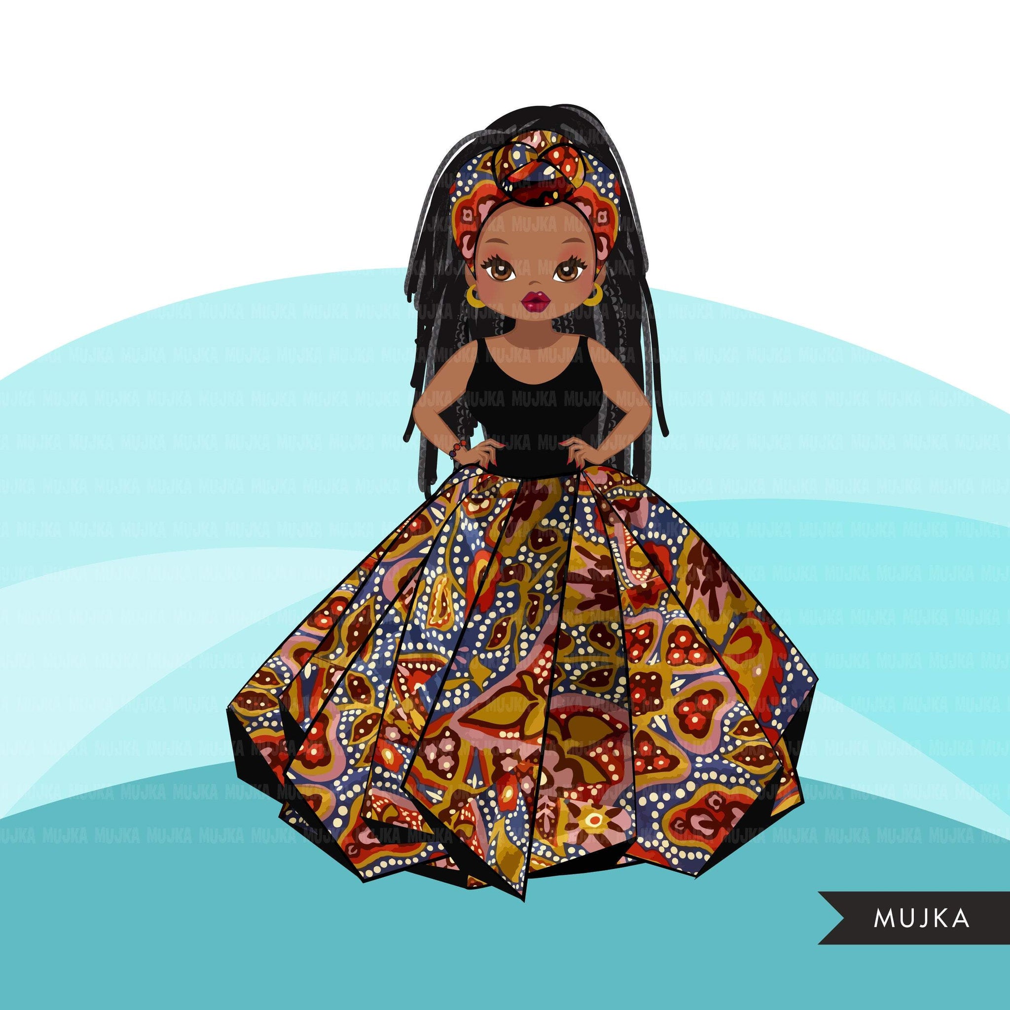 Black woman clipart avatar, Ankara kente African print head wrap and skirt, fashion graphics braids girl clip art PNG