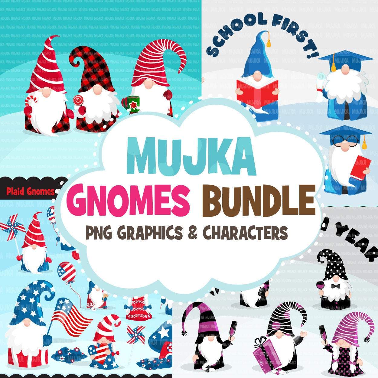Gnomes Clipart Bundle, Easter, St Patrick's Day, School, Valentines, birthday, Halloween, Christmas, commercial use PNG clip art
