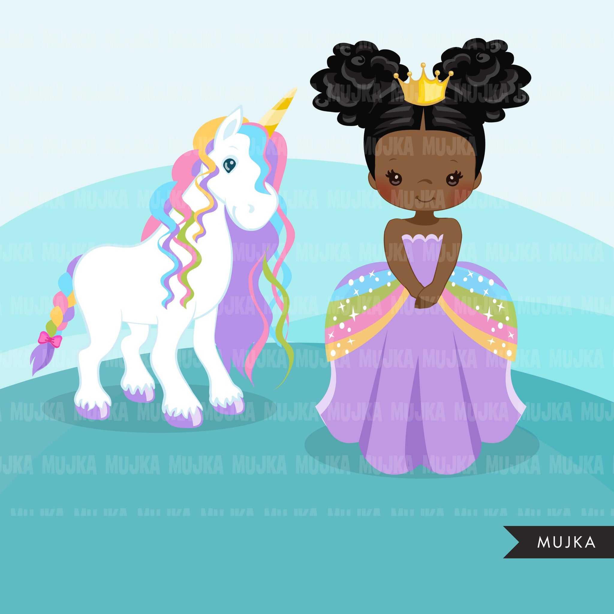 Unicorn clipart, black princess, unicorn gifts, rainbow girl, fairy tale graphics, commercial use clip art