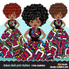Black woman clipart avatar, Ankara multi-color print bow tie and skirt, fashion graphics, sublimation boss afro girl clip art PNG