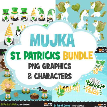 St Patricks Day Clipart Bundle, Gnomes, animals, kids,and matching quote graphics commercial use PNG clip art