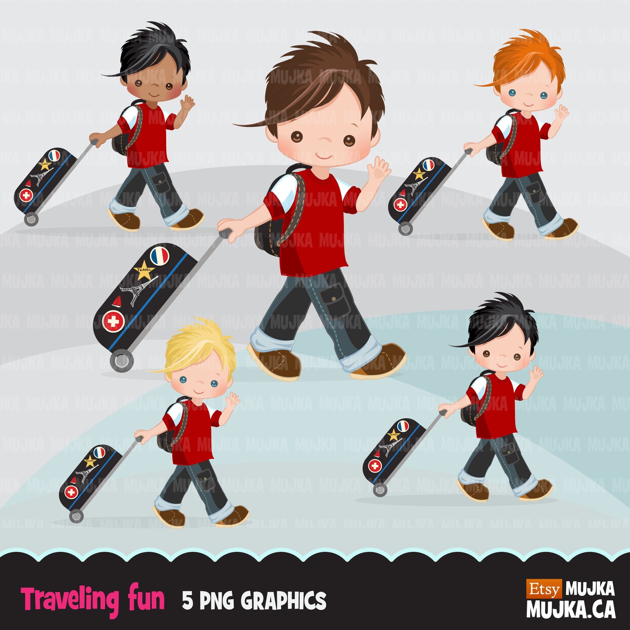 Traveling little boy clipart, Vacation graphics with suitcase and