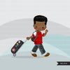 Traveling little black boy clipart, Vacation graphics with suitcase and backpack, passport cover graphics, holiday commercial use PNG