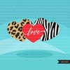 Valentine Hearts Clipart, Love Quotes, zebra, plaid, leopard, polka dots pattern heart graphics Valentine's Day commercial use clip art