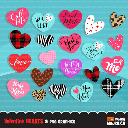 Valentine Hearts Clipart, Love Quotes, zebra, plaid, leopard, polka dots pattern heart graphics Valentine's Day commercial use clip art