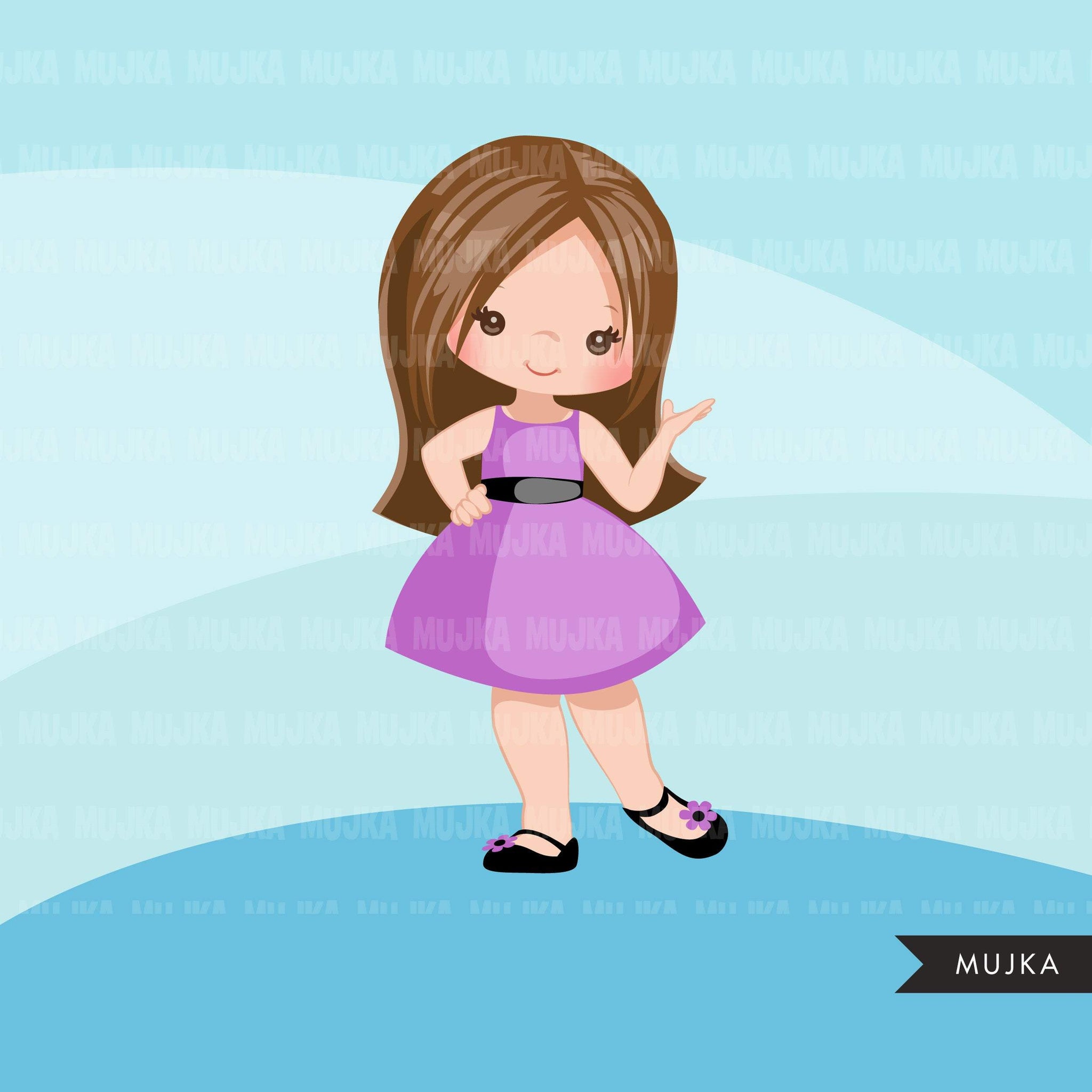 Spring Clipart, purple dress girls, cute kids graphics, summer fashion, commercial use PNG clip art, birthday cutout
