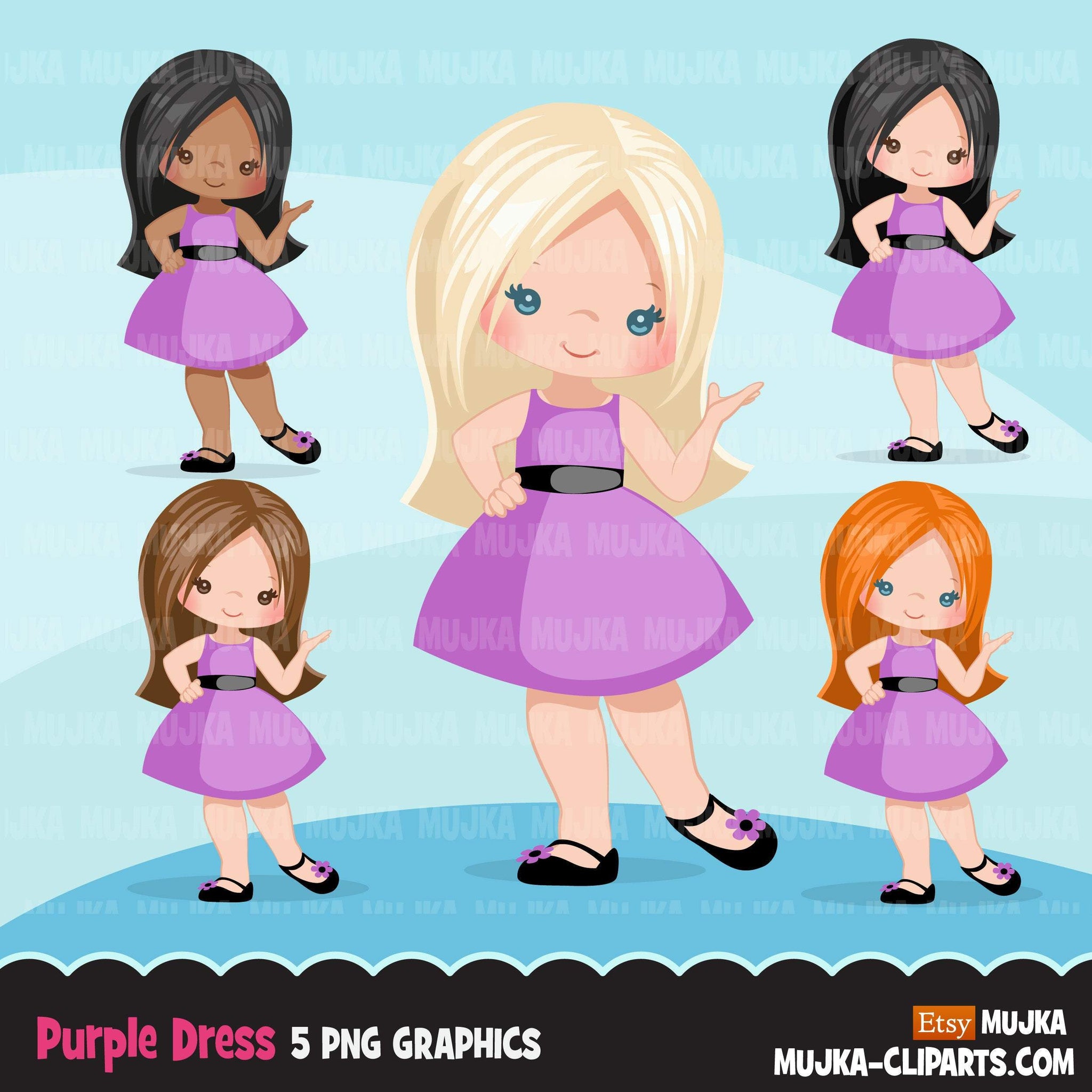 Clipart de primavera, niñas vestidas de púrpura, gráficos lindos para niños, moda de verano, imágenes prediseñadas PNG de uso comercial, recorte de cumpleaños