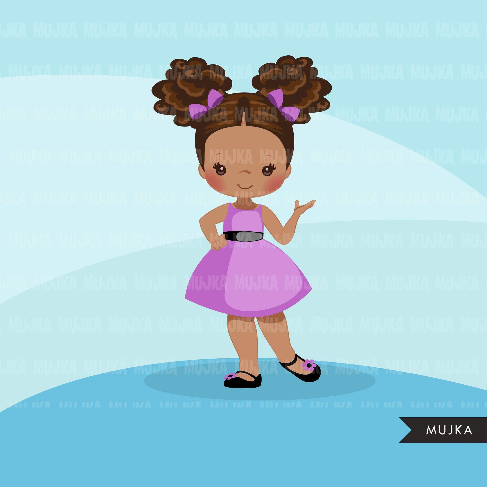 Spring Clipart, purple dress black girls, cute kids graphics, summer fashion, commercial use PNG clip art, birthday cutout
