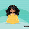 Black Princess clipart, fairy tale graphics, girls story book, yellow princess dress, commercial use clip art