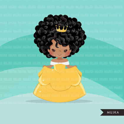 Black Princess clipart, fairy tale graphics, girls story book, yellow princess dress, commercial use clip art