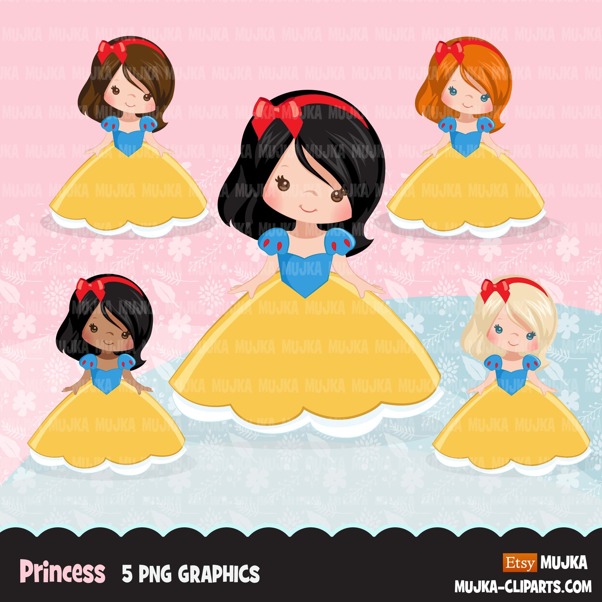 Princess clipart, fairy tale graphics, girls story book, red, blue, yellow princess dress, personal use clip art