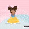 Black Princess clipart, fairy tale graphics, girls story book, red, blue, yellow princess dress, personal use clip art