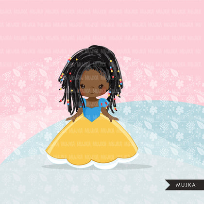 Black Princess clipart, fairy tale graphics, girls story book, red, blue, yellow princess dress, personal use clip art