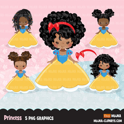 Black Princess clipart, fairy tale graphics, girls story book, red, blue, yellow princess dress, personal use clip art