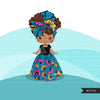Avatar de clipart de garota negra, saia envoltória de cabelo com estampa floral azul amarelo de Ancara, tecido africano, gráficos de história negra clipart de garota afro PNG