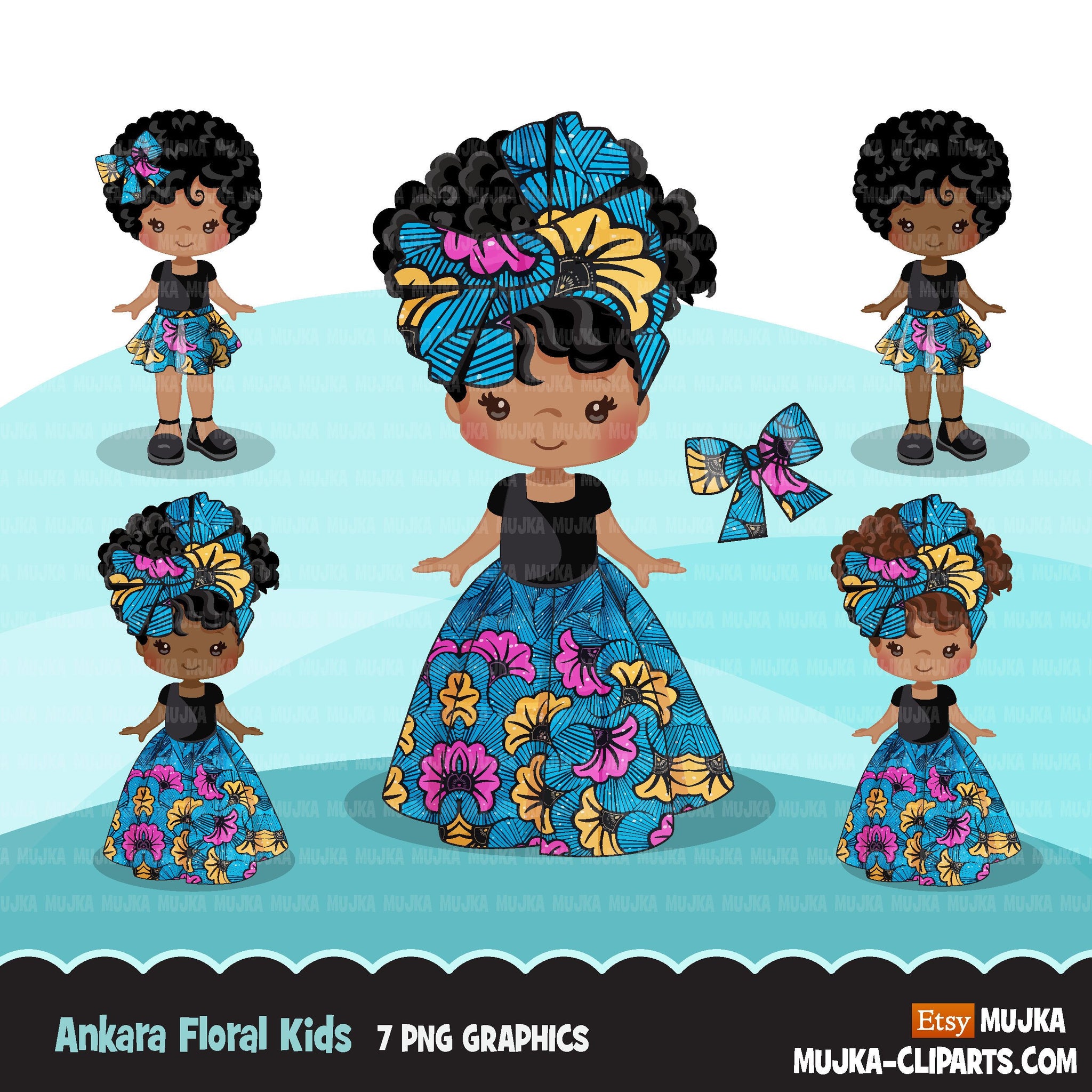 Black girl clipart avatar, Ankara blue yellow floral print hair wrap skirt, african fabric, black history graphics afro girl clip art PNG
