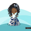 Avatar de clipart de garota negra, saia de gravata borboleta com estampa de pavão de Ancara, tecido africano, gráficos de história negra clipart de garota afro PNG