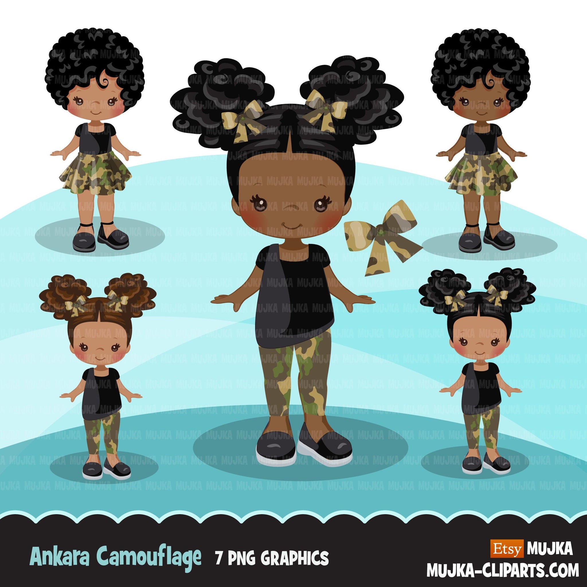Avatar de clipart de menina negra, saia com estampa de camuflagem de Ancara, gravata borboleta, tecido africano, gráficos de história negra, clipart de menina afro png