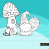 Easter gnomes Digital stamps, Mushroom house, easter eggs, Scandinavian graphics, illustration, coloring book art outline clipart