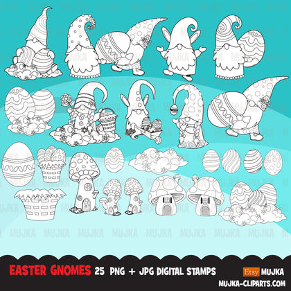 Easter gnomes Digital stamps, Mushroom house, easter eggs, Scandinavian graphics, illustration, coloring book art outline clipart