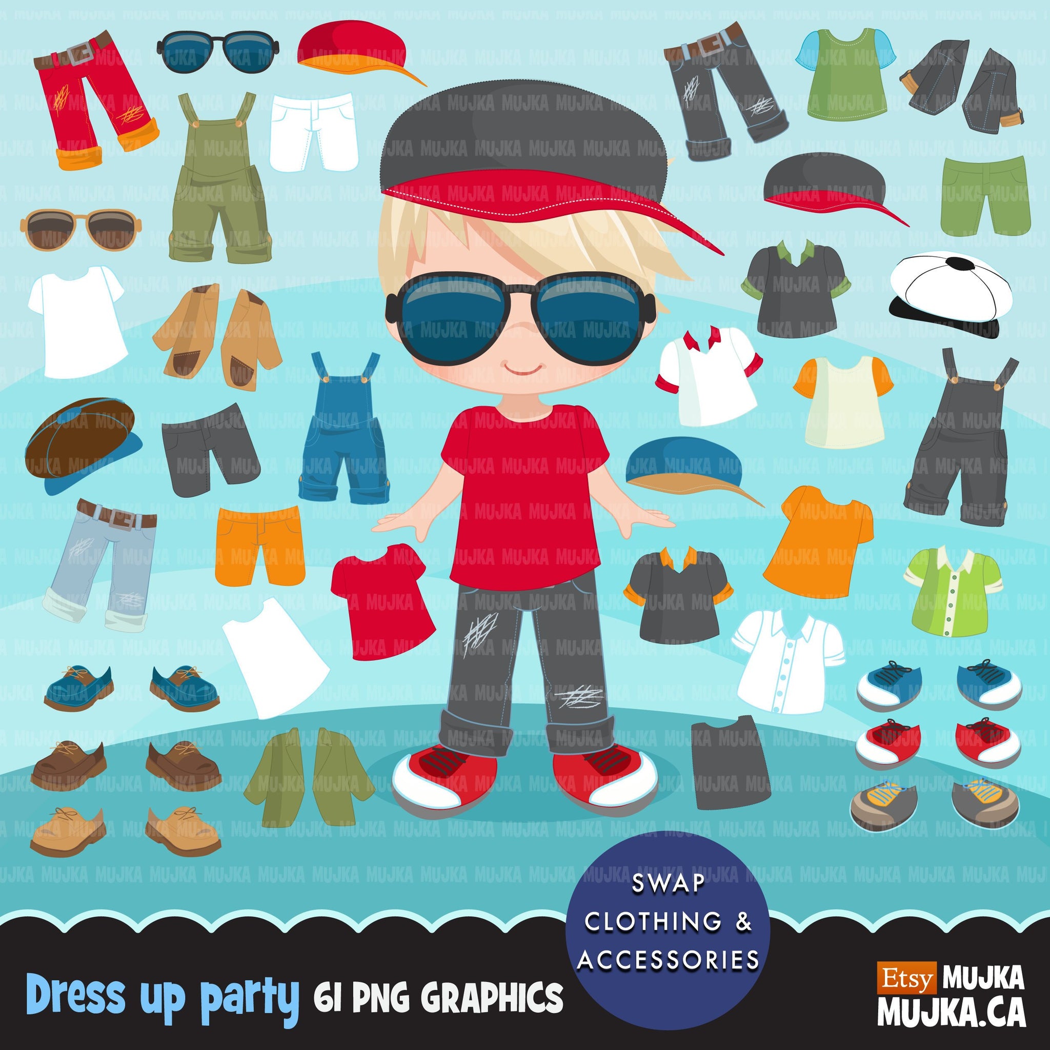 Paper doll clipart, Little Boys Dressing Party Graphics. Cute Characters, summer outfits