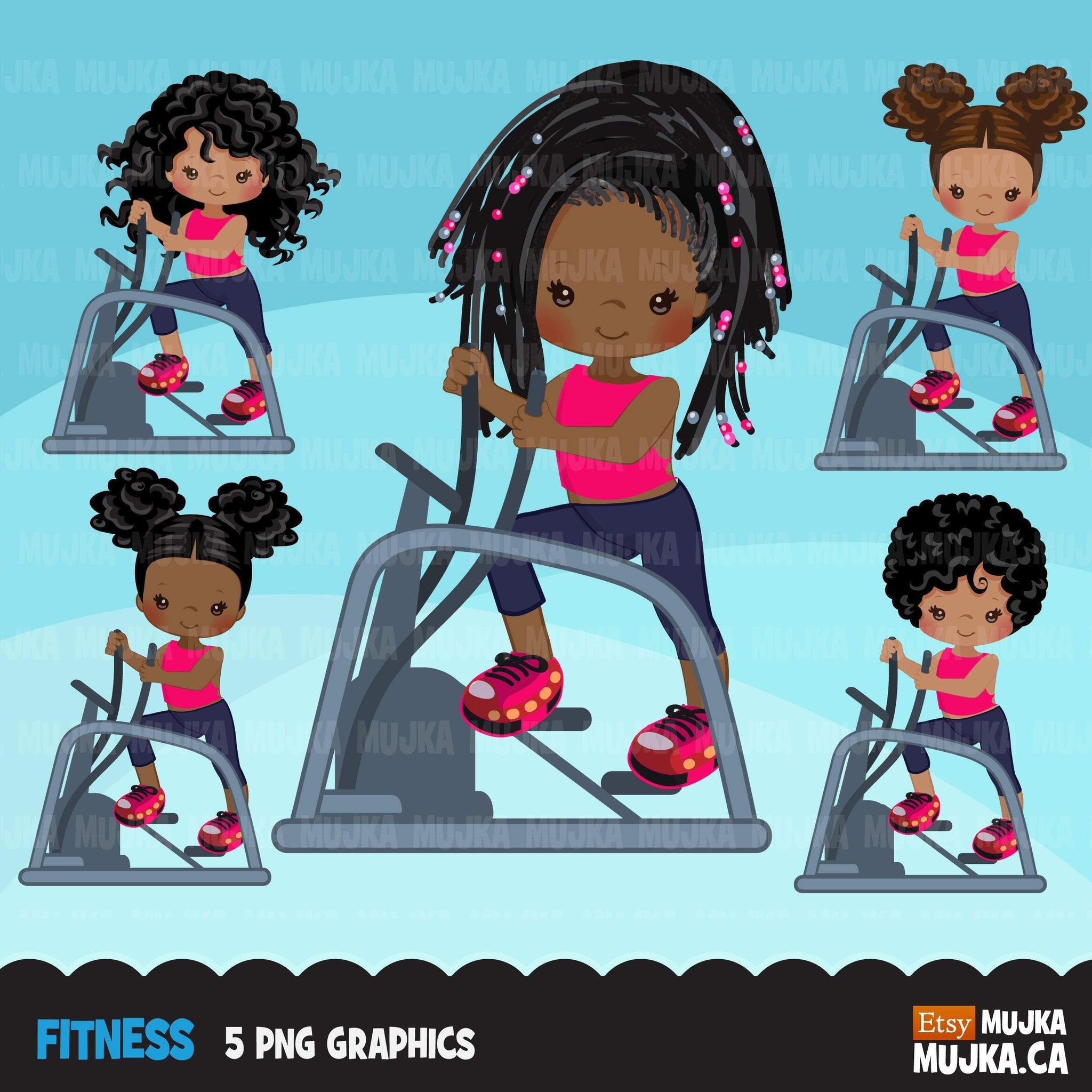 Fitness clipart healthy lifestyle, yoga, workout, gym graphics, commercial use clip art, step machine black girls