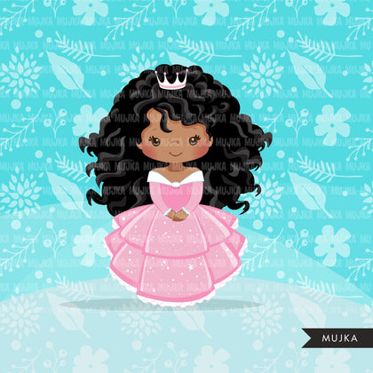 Black Princess clipart, fairy tale graphics, girls story book, pink princess dress, commercial use clip art