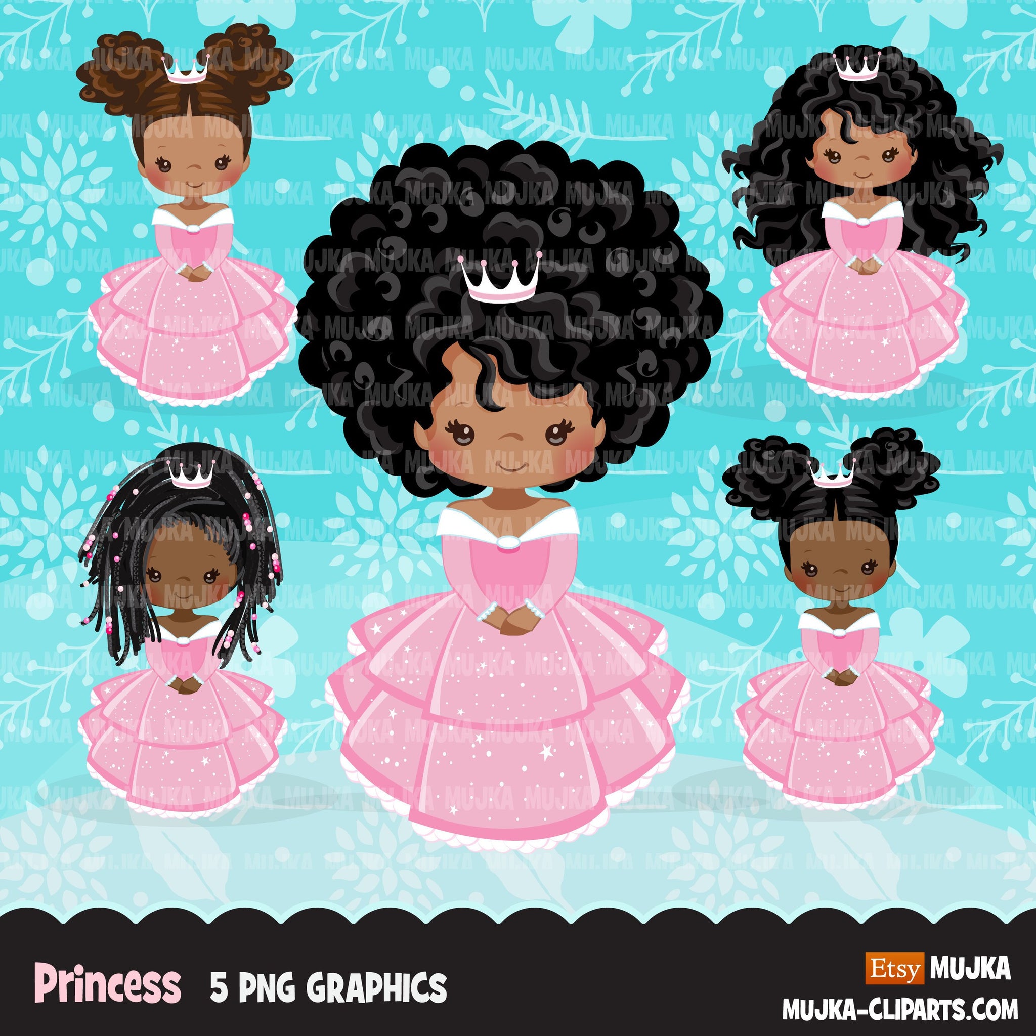 Clipart de princesa negra, gráficos de contos de fadas, livro de histórias para meninas, vestido de princesa rosa, clipart de uso comercial